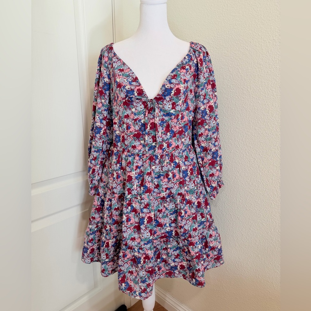 Madewell Floral Tiered Midi Dress in Burgundy, Blue & Pink